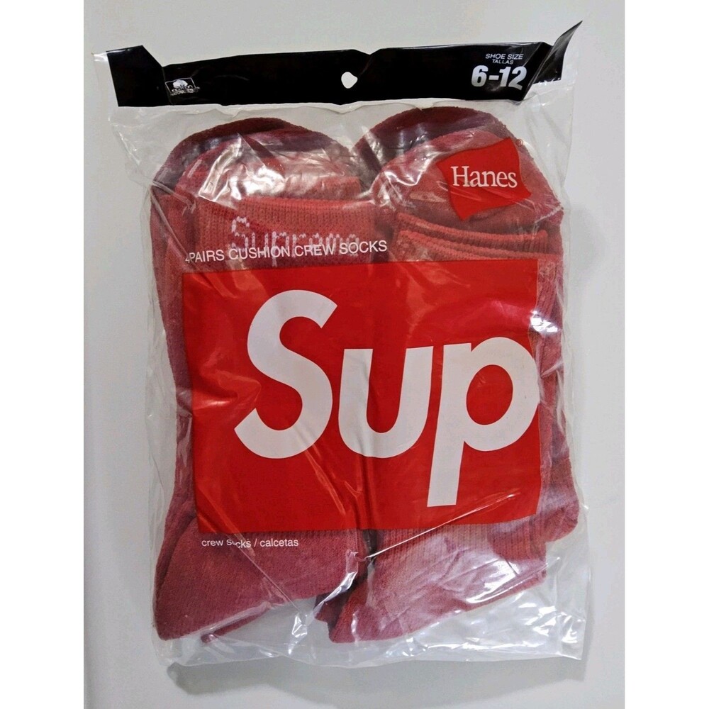 Supreme X Hanes Cushioned Crew 4 Pack Socks Red Size 6-12